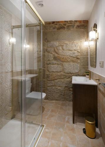 a bathroom with a shower and a toilet and a sink at Casa San Blas in Verín