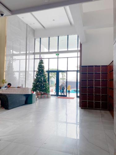 a christmas tree in the middle of a lobby at Tom House Apartment in Thôn Văn Dương