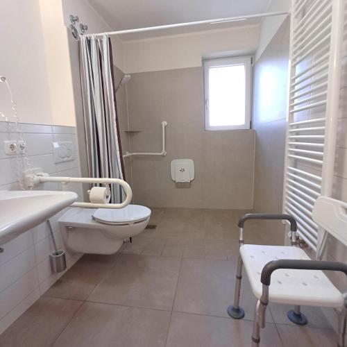 a bathroom with a toilet and a sink and a window at Hölbinger Alm - Apartments in Anger