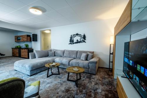 a living room with a couch and a flat screen tv at Hotel Winterberg Resort in Winterberg