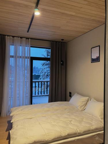 a bedroom with a bed and a large window at Moho Будинки для відпочинку in Bukovel