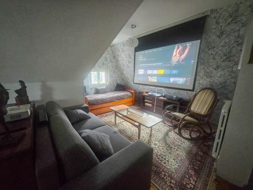 サン・ブリューにあるMaison spacieuse avec jardin et salle de sportのソファと薄型テレビのあるリビングルーム