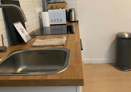 un comptoir de cuisine avec un évier et un micro-ondes dans l'établissement L'Expérience Tourangelle #1, à Tours