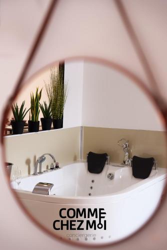 d'un miroir réfléchissant un lavabo avec des plantes dans la salle de bains. dans l'établissement Suite Le Cocon & Spa, à Nancy