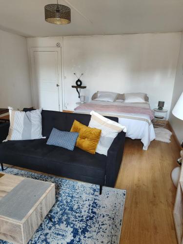 un salon avec un canapé et un lit dans l'établissement Appartement centre Ville Carmaux, à Carmaux