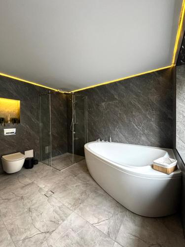 a bathroom with a large tub and a shower at Hotel Nivki in Kyiv