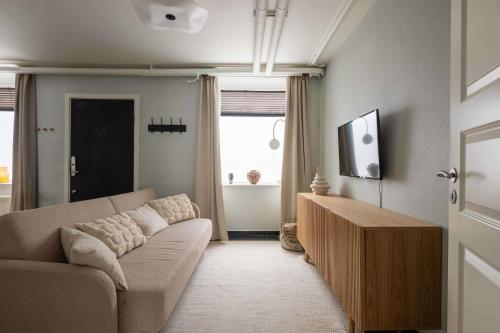 un salon avec un canapé et une télévision dans l'établissement 2 BR Apartment in Heart of Vesterbro, à Copenhague