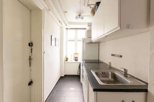 a small kitchen with a sink and a window at 2 BR Apartment in Heart of Vesterbro in Copenhagen