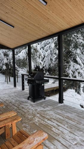 a grill in a pavilion with snow covered trees at Moho Будинки для відпочинку in Bukovel