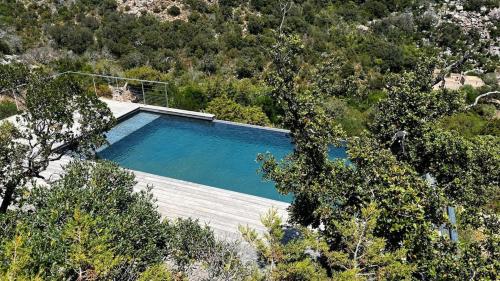 an overhead view of a swimming pool with trees at Villa Porra 100m2, pleine nature, piscine, vue mer in Porto-Vecchio
