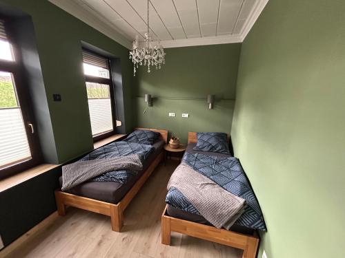 ElsflethにあるLandgang I 90qm² mit Gartenの緑の壁と窓のある部屋にベッドが2つある