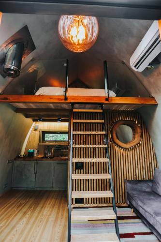 a room with a bunk bed and a kitchen at Jungle SPA bungalows in Žocenes Ciems