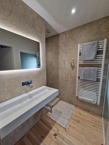 une salle de bain avec un lavabo blanc et un miroir dans l'établissement La belle grange, à Arnave