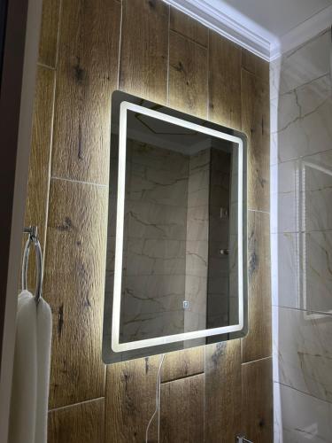 a mirror on the wall of a bathroom at Aish hotel in Karagandy