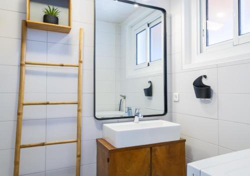 une salle de bain avec un lavabo et un miroir dans l'établissement Duplex Cosy et Central, à Biscarrosse