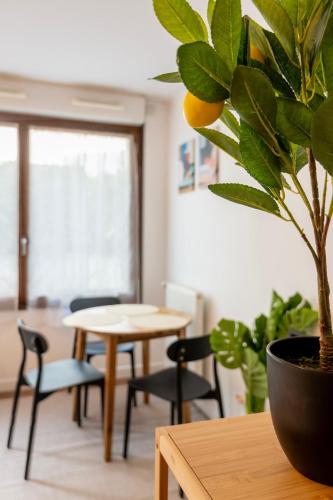 une chambre avec une table et une plante en pot dans l'établissement Cozy Studio near Paris - Wi-Fi - Netflix - Parking, à Eaubonne
