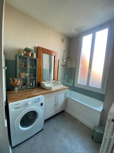 une salle de bain avec une machine à laver et un lavabo dans l'établissement Rosa d'Egada, à Angers
