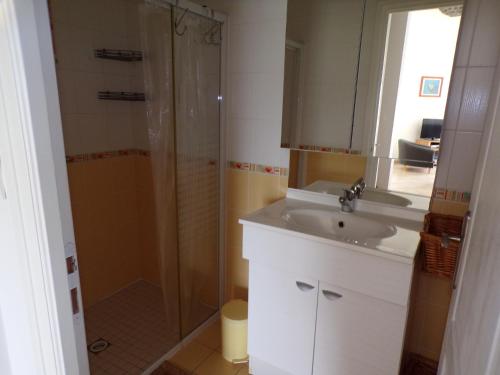 une salle de bain avec un lavabo et une douche dans l'établissement Erdeven Kerminihy Maison 6 personnes, à Erdeven