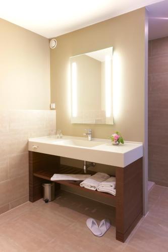 a bathroom with a sink and a mirror at SeeHotel Ketsch in Schwetzingen