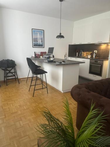 a kitchen with a counter and a table and chairs at Magnificent apartment, Geneva Center, Geneva Lake in Geneva