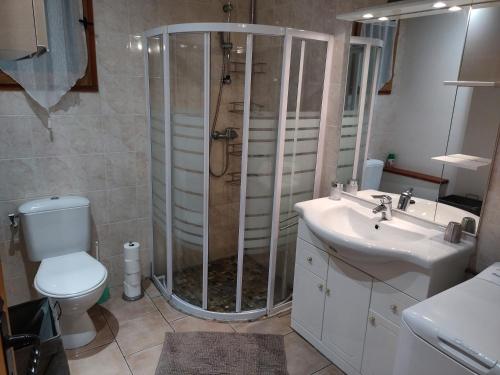 a bathroom with a shower and a toilet and a sink at CHALET MONTAGNE CLASSÉ 3 ETOILES ALPES QUEYRAs in Guillestre