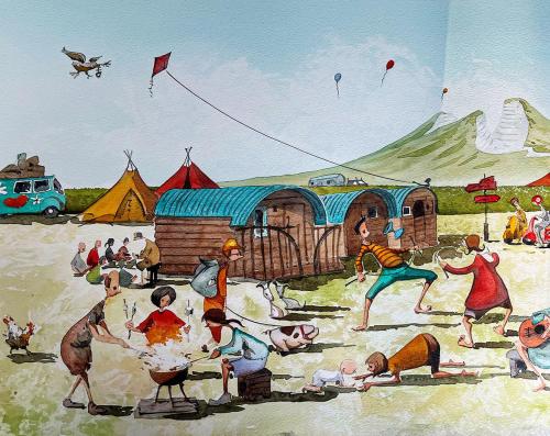 a painting of people flying kites at a beach at American School Bus Glamping - Somerset in Cheddar