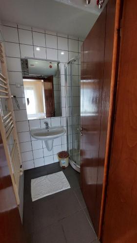 a small bathroom with a sink and a mirror at апартамент Пирин in Gotse Delchev