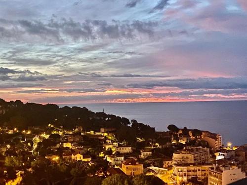 a view of a city at night with the ocean at Sunny Home Costa Plana-Monaco -Cap D'Ail in Cap d'Ail