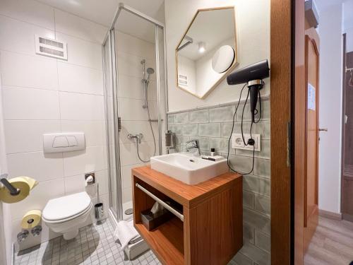 a bathroom with a sink and a toilet and a mirror at Cityhotel Trumer Stube in Salzburg