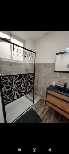 une salle de bain avec un lavabo et un miroir dans l'établissement Élégant studio avec jacuzzi, à Saint-Paul-de-Fenouillet