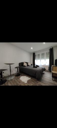 une chambre avec un lit et un bureau dans l'établissement Élégant studio avec jacuzzi, à Saint-Paul-de-Fenouillet