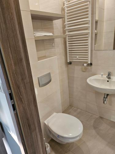 a small bathroom with a toilet and a sink at Noce i Dnie in Pierkunowo