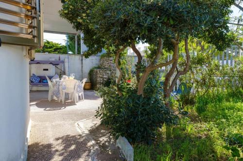 a garden with a tree and a table and chairs at Alla Rosa Dei Venti - North Wind House in Torre Specchia Ruggeri