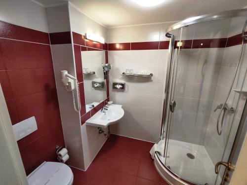 a bathroom with a shower and a toilet and a sink at Calimbra Wellness Hotel Superior in Miskolctapolca
