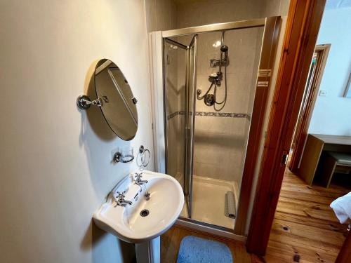 a bathroom with a sink and a shower at Bush Lodge Bushmills in Bushmills