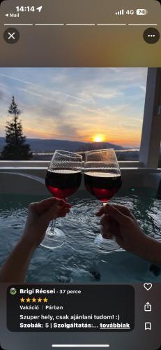 a person holding a glass of wine in front of a pool at Szarvas Vendégház in Zebegény