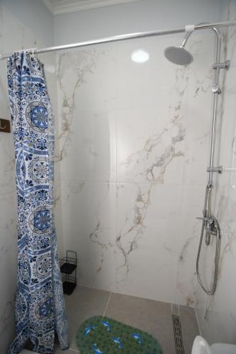a bathroom with a shower with a shower curtain at Rose Garden Apartments in Mitikas