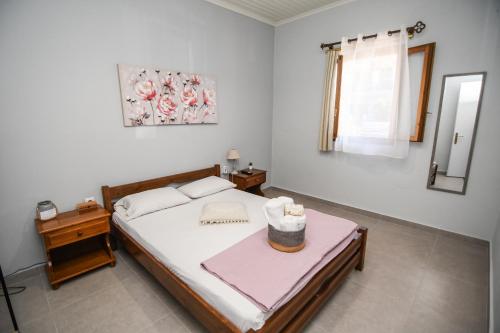 a bedroom with a large bed and a mirror at Rose Garden Apartments in Mitikas