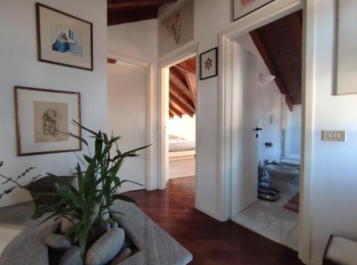 a hallway with a bathroom with a toilet and a plant at La casa di Giò in Angera