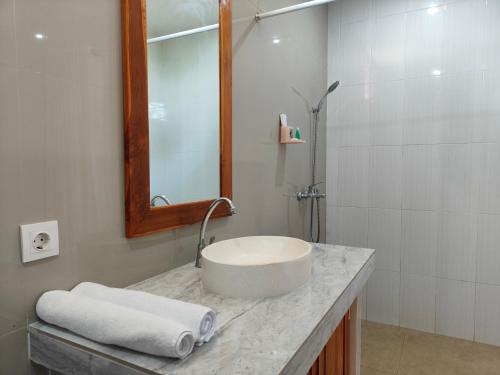 a bathroom with a sink and a mirror and a shower at Griyani Homestay in Uluwatu