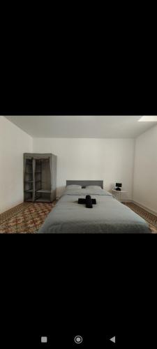 une chambre avec un grand lit dans une pièce blanche dans l'établissement Superbe Appart 4 chambres Terrasse vue sur les Montagnes, à Saint-Paul-de-Fenouillet