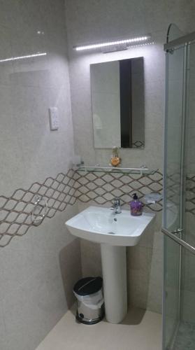 a bathroom with a sink and a mirror and a shower at MC Self Catering in Baie Sainte Anne