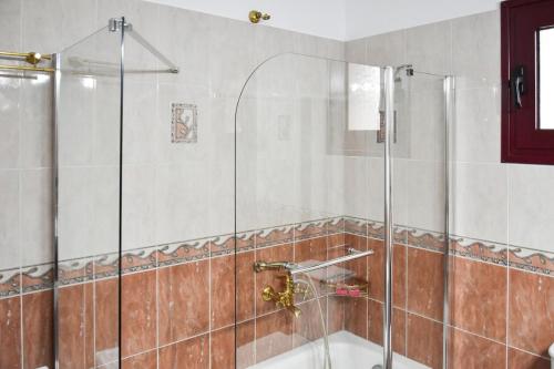 a shower with a glass door in a bathroom at Villa Harmony - Infinity Poros Sea View in Galatas