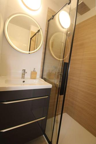 une salle de bain avec un lavabo et un miroir dans l'établissement Gasjoly - Golfe de St-Tropez Studio avec cabine climatisé pour 4 personnes, à Gassin