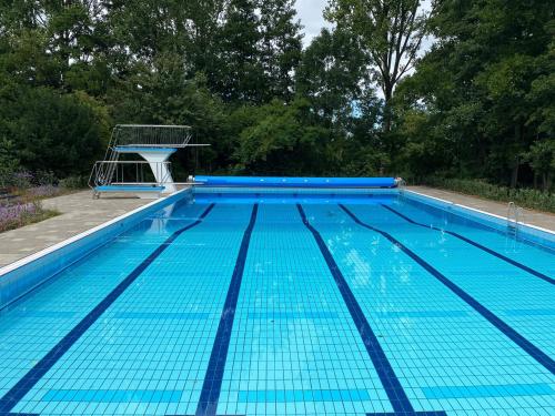 a large blue swimming pool with a volley ball hoop at Stillwater Lodge De Rijd in Nieuwe-Niedorp