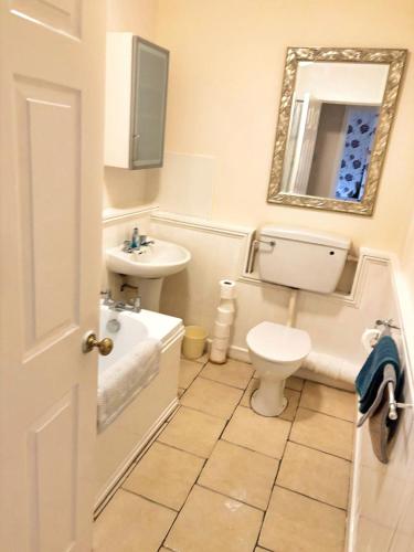 a bathroom with a toilet and a sink and a mirror at Large Balcony Apartment - 2 Double Beds - Sleeps 4 - Close to Town & Racecourse - Off Street Parking 2 Cars - Fast Wifi in Doncaster