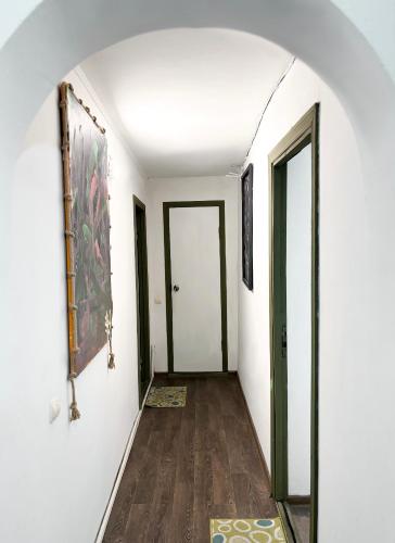a hallway with two doors and a painting on the wall at Mouse House in Chişinău