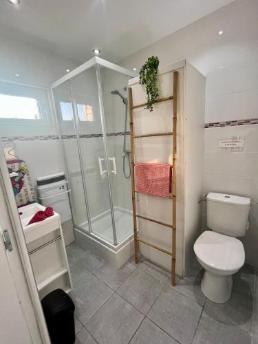 une salle de bain avec douche et toilettes dans l'établissement La Pause Nature, à Incheville