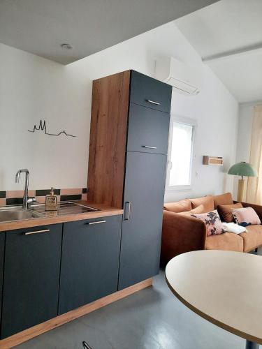 Il comprend un salon et une cuisine équipée d'un grand réfrigérateur. dans l'établissement Lucie City Lodge Clermont-Ferrand, à Clermont-Ferrand