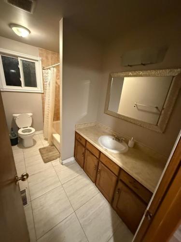 a bathroom with a sink and a toilet and a mirror at Affordable Family Room for 4 People-24Hrs Checkin-Next To Downtown,Airport in Kitchener